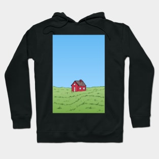 Small red house in the middle of a green meadow against a blue sky Hoodie